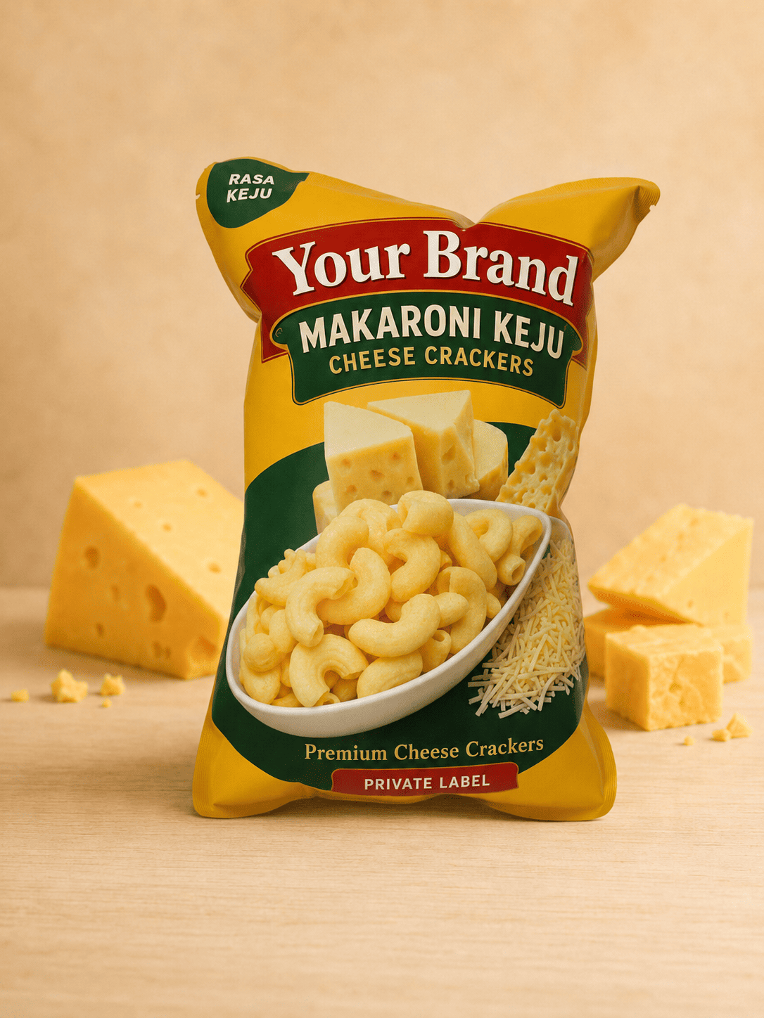 Gluten-free cheese cracker packaging carrying a buyer's own brand — private label and OEM production by Elfath Averania