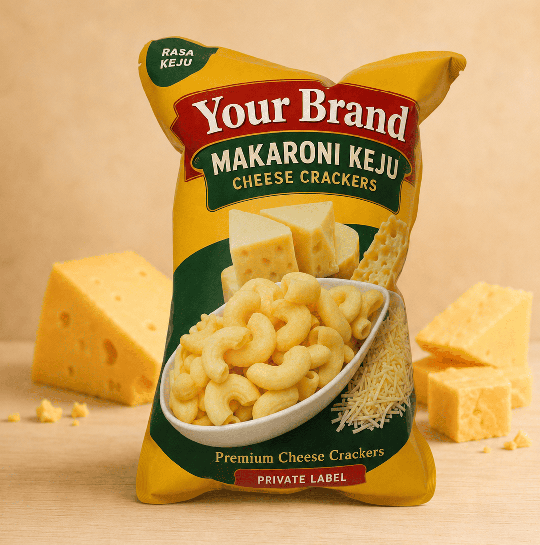 Elfath Cheese Mac cracker pack displayed beside sacks of coffee beans